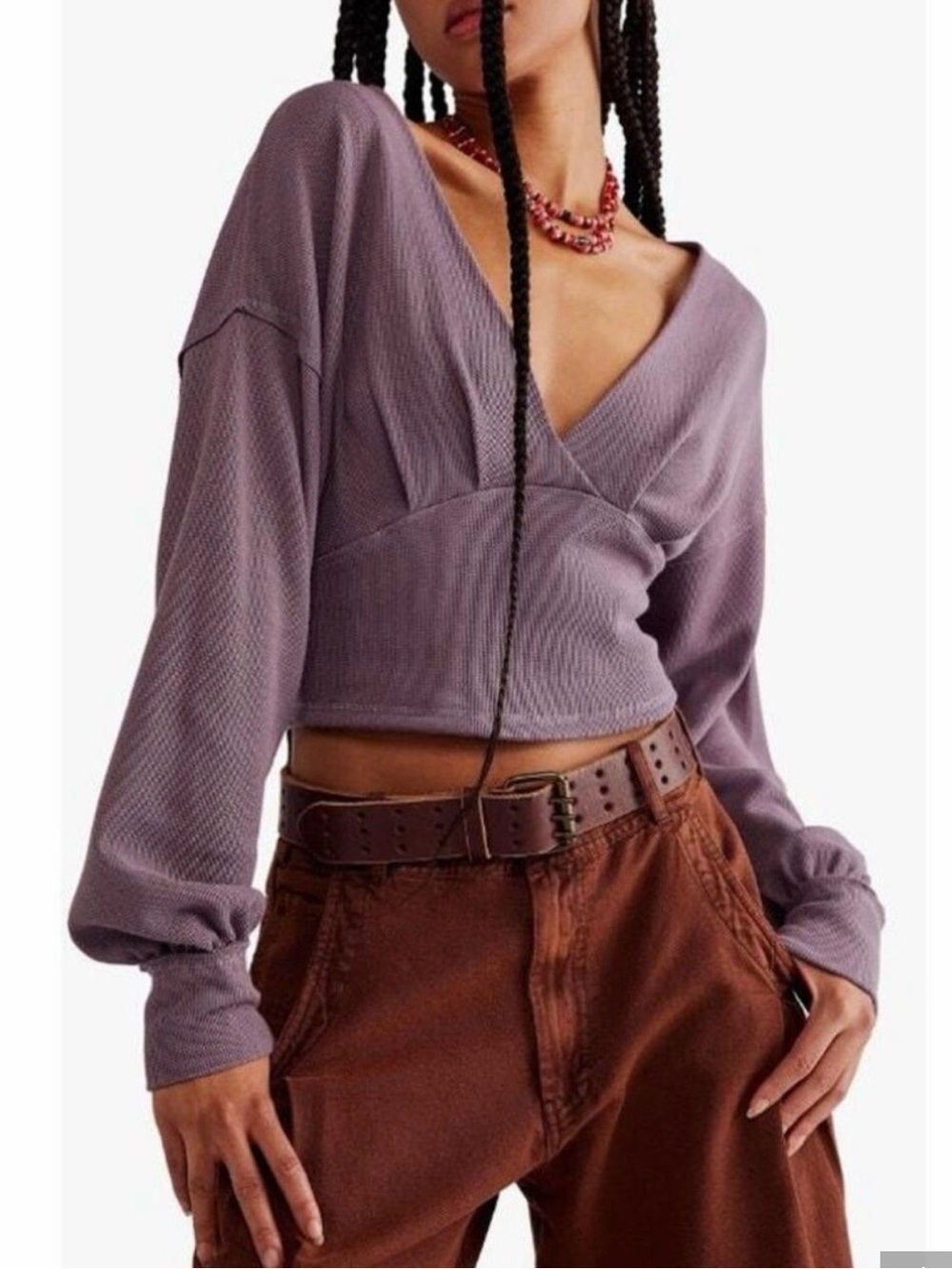 Free People We the Free All Nighter Long Sleeve Surplice Crop Top Purple Medium